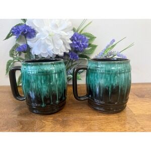 Vintage Canadian Pottery Barrel Mugs‎ Green  Black Drip Glaze Set of Two Retro